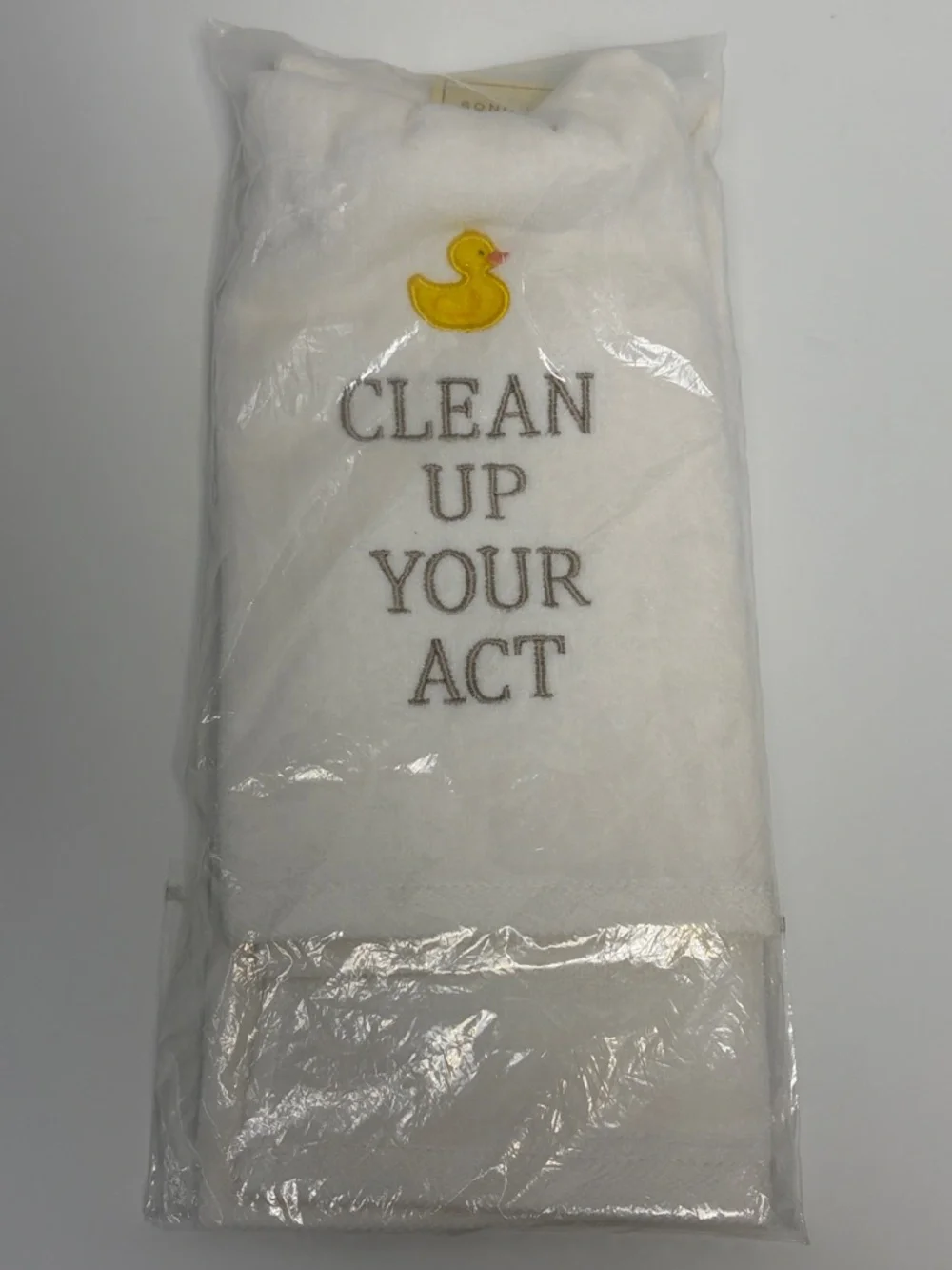 Rubber Duck Decorative Bathroom Hand Towel Quote Clean Up Your Act Ivory Cotton